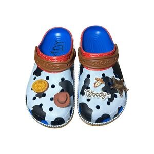 Crocs Toy Story Woody Classic Clog Cow Print Blue Yellow M6 W8 Jibbitz Charms